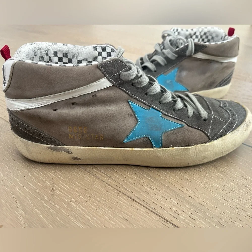 Golden Goose MidStar Gray Suede Sneakers with Blue Star Accent sz 38